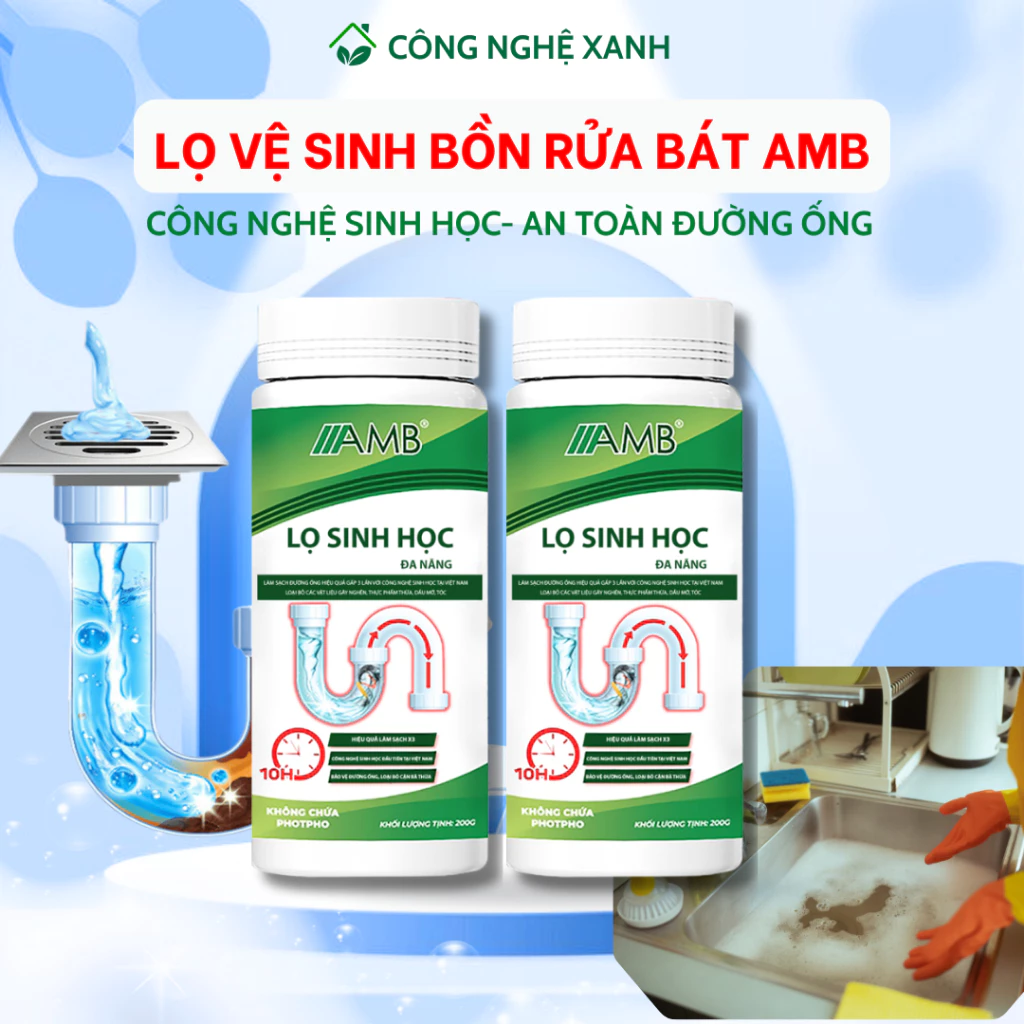 Combo 2 Bột sinh học làm sạch bồn rửa bát, vệ sinh đường ống AMB hòa tan dầu mỡ cặn bẩn, khử mùi hôi hiệu quả