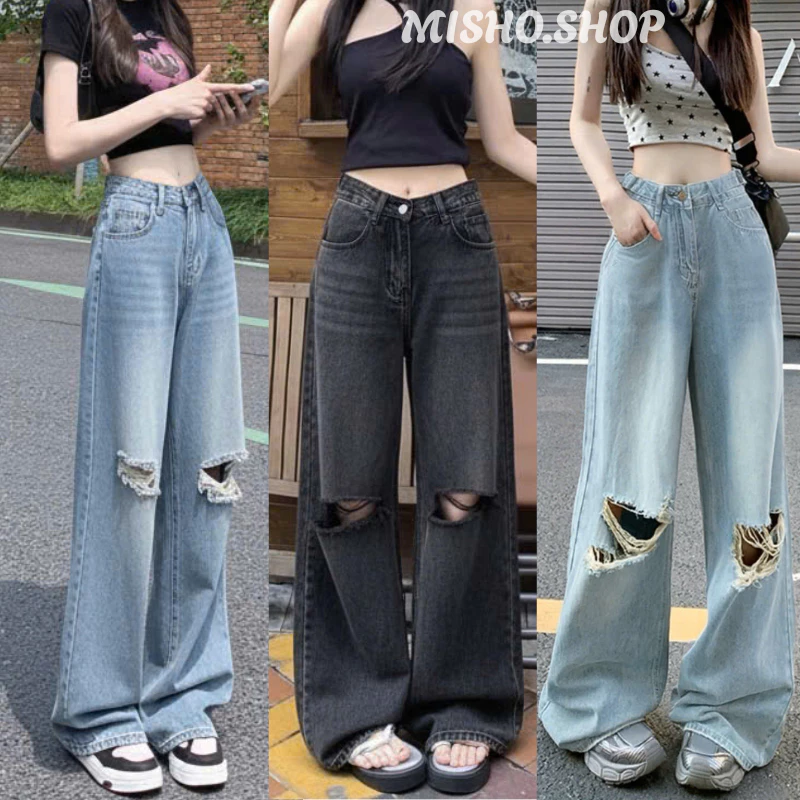 Quần Jean Nữ Ống Suông Rộng Lưng Cao Misho Shop,Quần Ống Đứng Màu Wash Xanh Mài Rách Phong Cách Hàn Quốc Trending