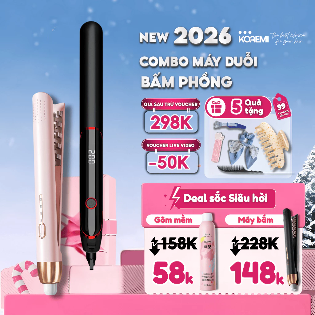 Combo Máy dập xù bấm phồng chân tóc mini, dập chân vuông, máy ép kẹp là thẳng tóc, máy sấy tóc, máy uốn tóc. BH 12 tháng