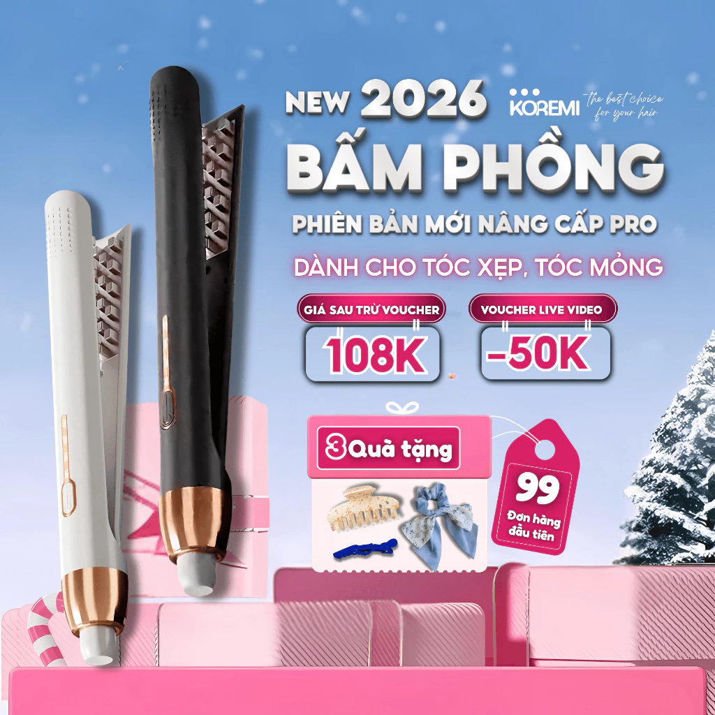 Máy bấm xù dập phồng tóc chân vuông 2in1, mềm mượt, không gãy tóc, KOREMI cao cấp hottrend 2023, BH chính hãng 12 tháng