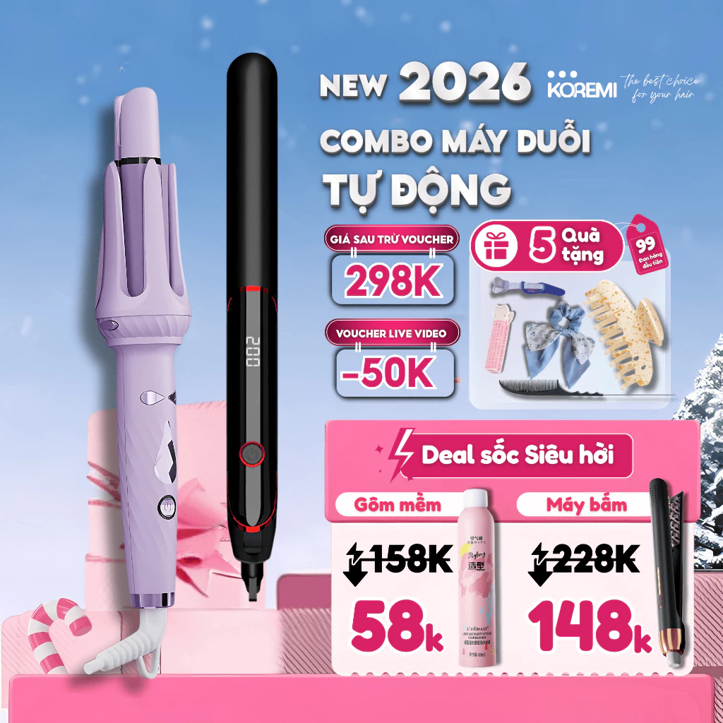 Combo Máy duỗi tóc, uốn tóc xoăn tự động PRO, máy sấy tóc, máy dập xù bấm phồng chân tóc vuông KOREMI. Bảo Hành 12 tháng