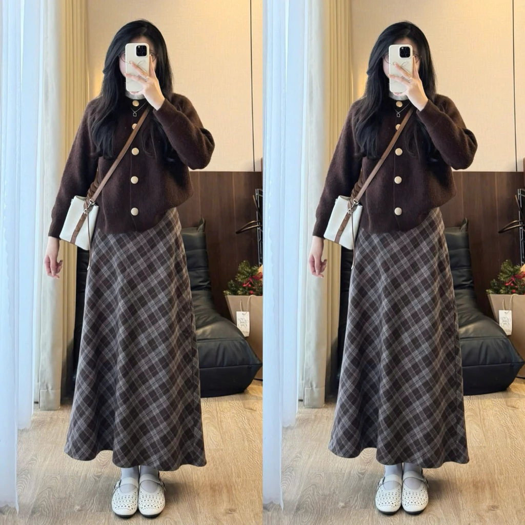(ẢNH OLDSCHOOL) Chân váy caro nâu dáng midi vintage chất mềm có lót CV220