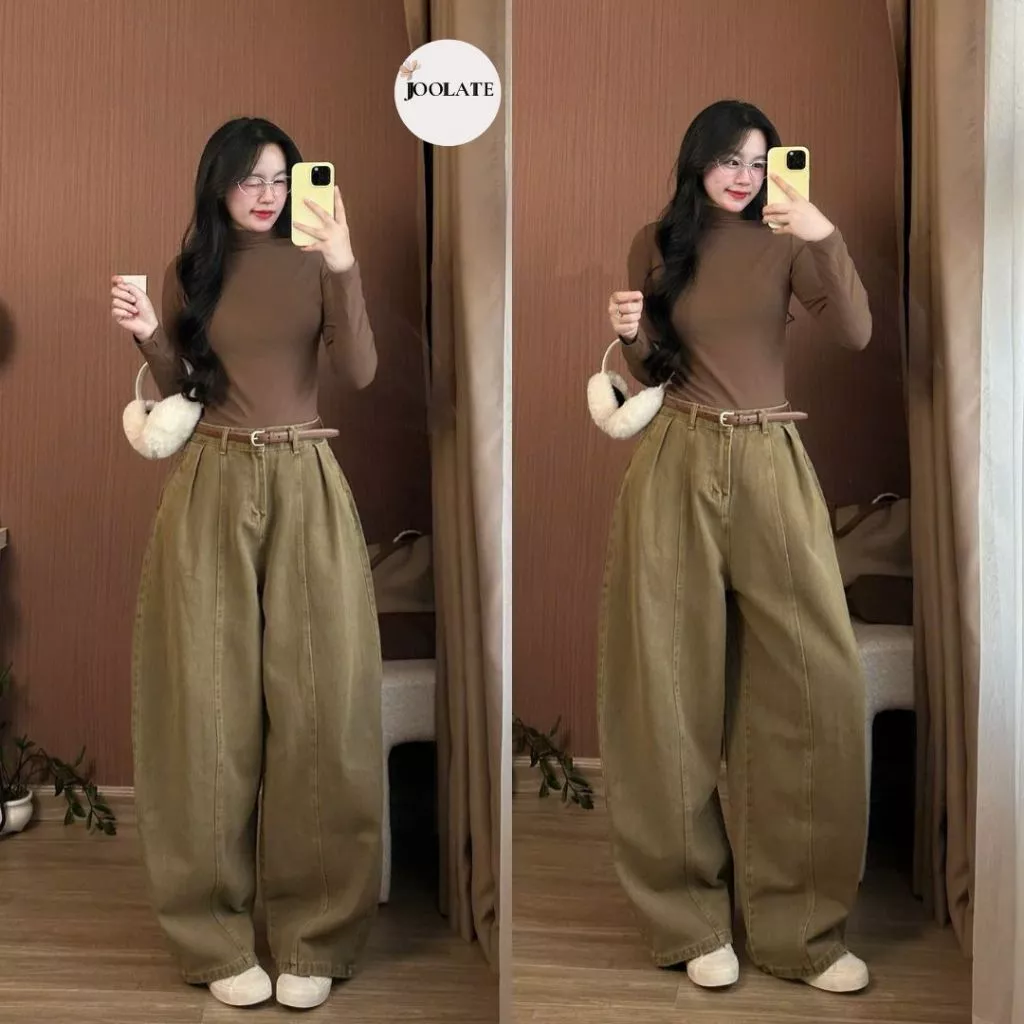 Quần Jeans Nâu Ống Cong Dang Rộng Phối Line Quần Jean Curved Leg Brown Line Tôn Dáng Siêu Đẹp Cho Nữ