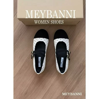 [CHÂN GẦY LÙI 1 SIZE] Giày Búp Bê MEYBANNI Đế Bệt Mũi Tròn Phối Chấm Bi Quai Ngang Dễ Thương - C665