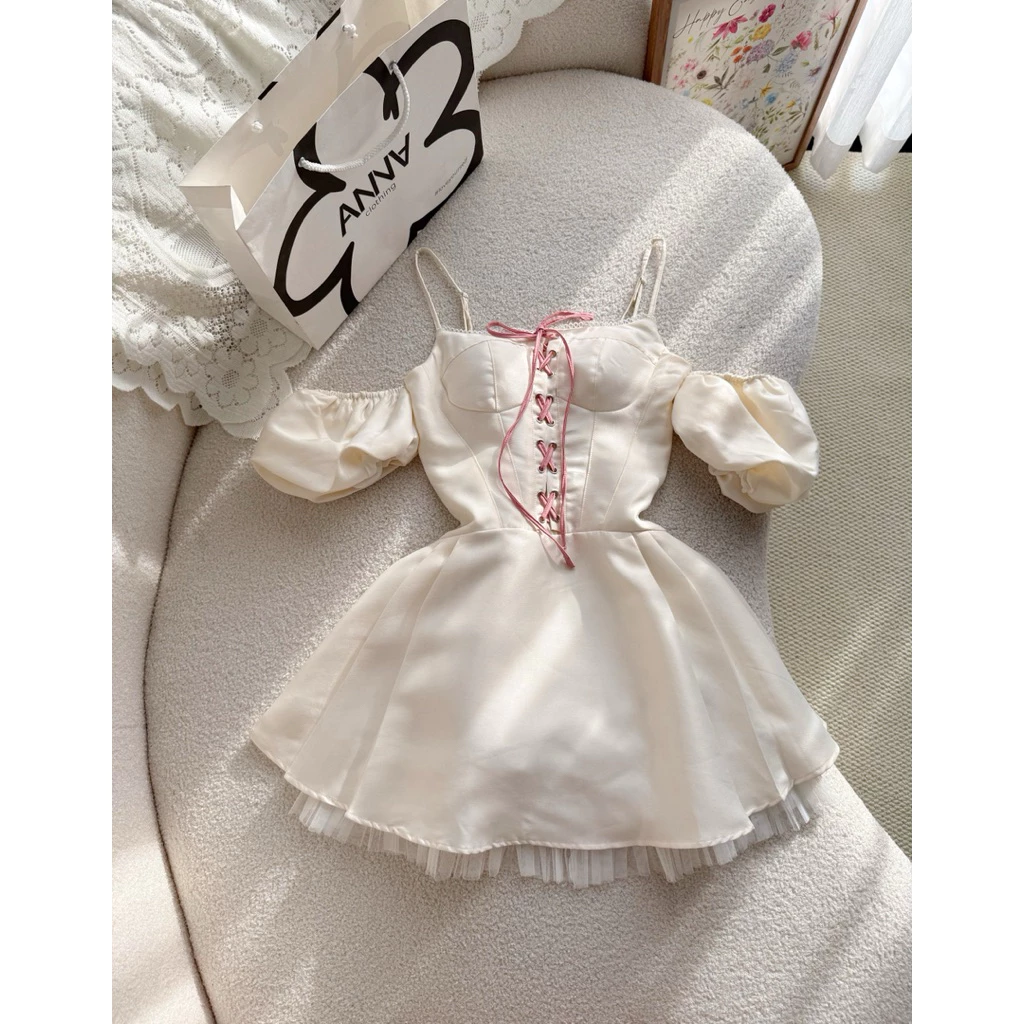 Đầm Kiểu Nữ Kem Đan Dây Hồng Anna - Romy Dress