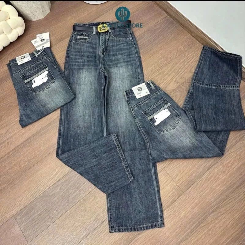 521 - Quần jeans dài 92-94cm quần bò ống rộng nữ, quần jeans ống suông thêu chữ túi sau - Jeans mềm tôn dáng