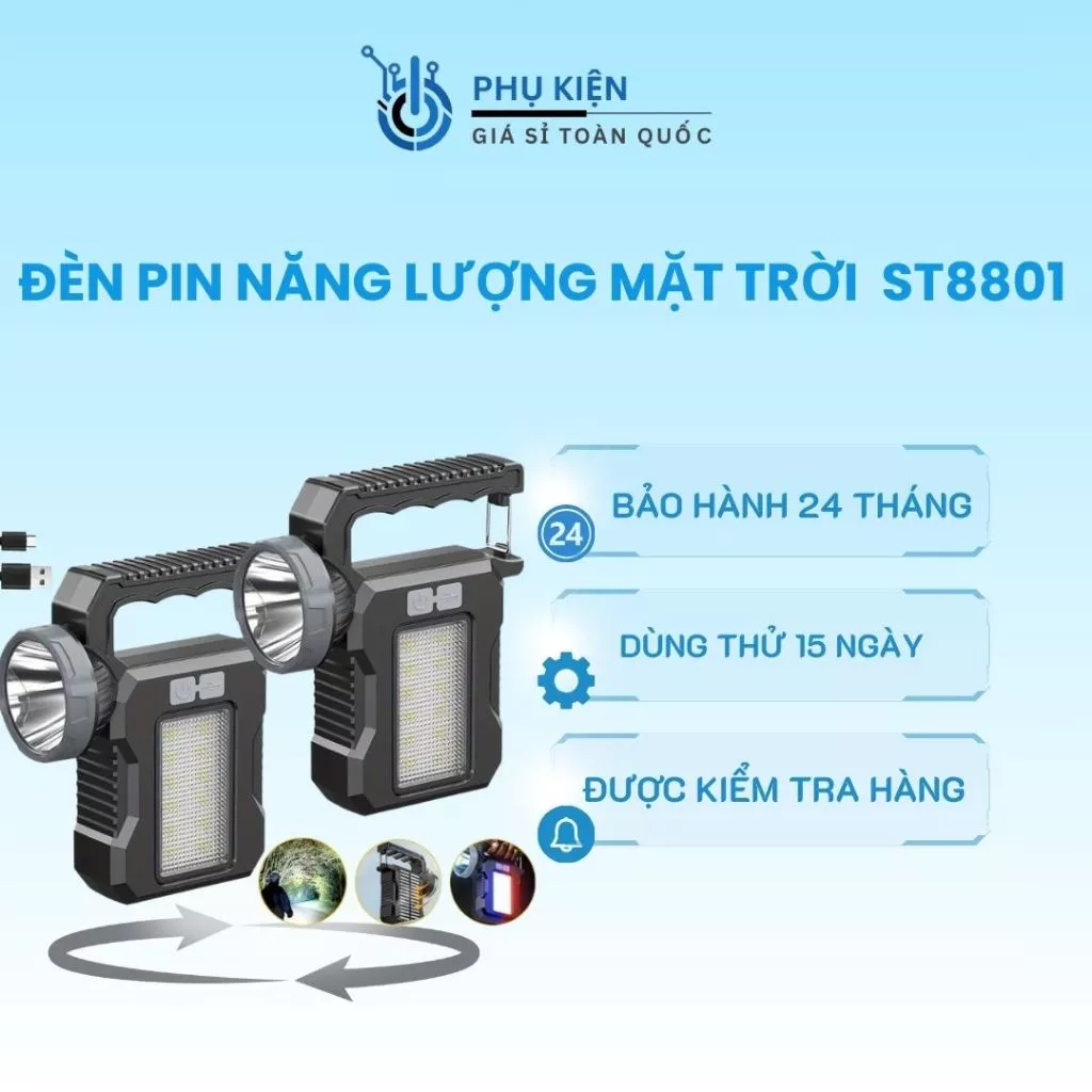 Đèn pin cầm tay ST8801 siêu sáng 2 nguồn sáng sạc năng lượng mặt trời tiện dụng