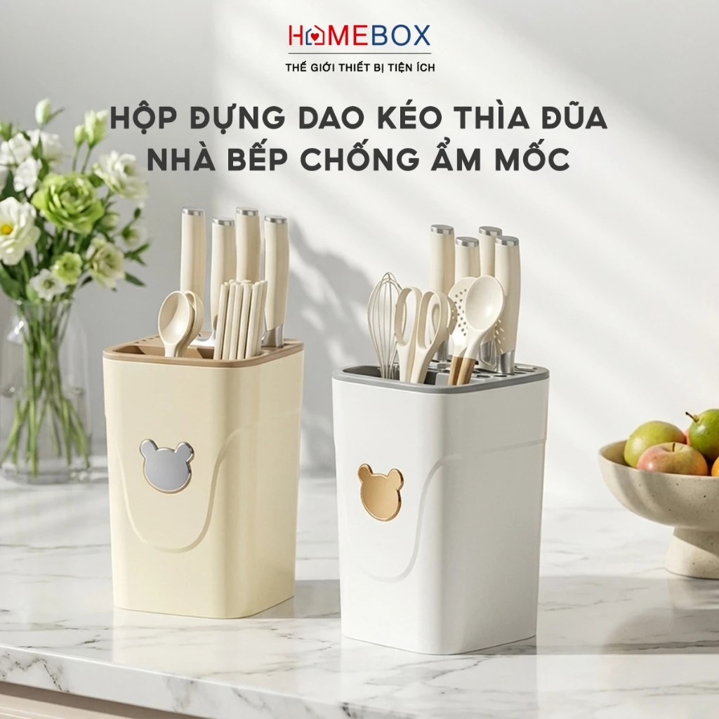 Hộp Đựng Dao Kéo Thìa Đũa Nhà Bếp Chống Ẩm Mốc, Giá Đựng Đồ Bếp Đa Năng Có Đáy Thoát Nước