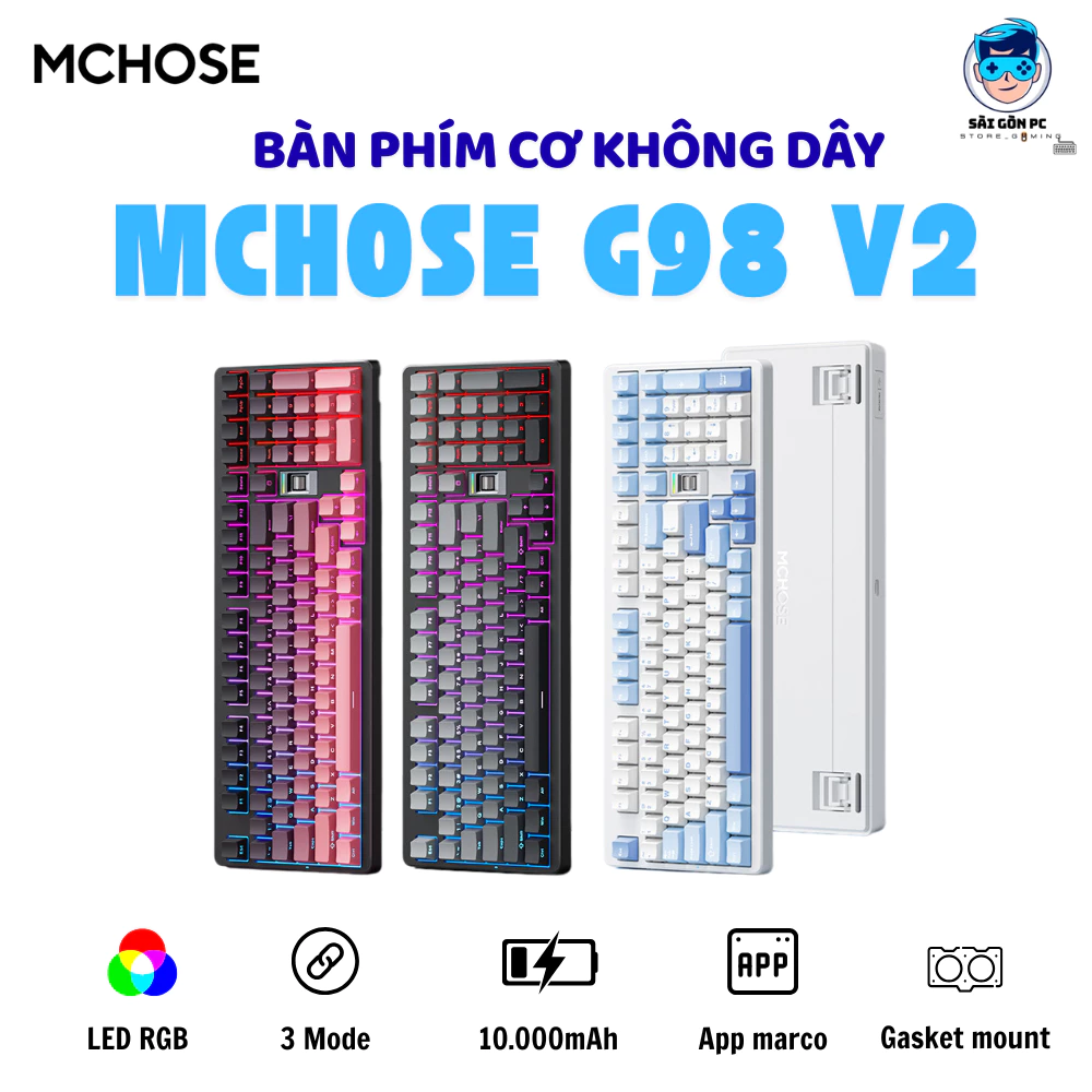 Bàn phím cơ không dây Fullsize Mchose G98 V2 - 3 mode kết nối - Hotswap 5 pin - Pin 10000mAh - App marco - Led RGB
