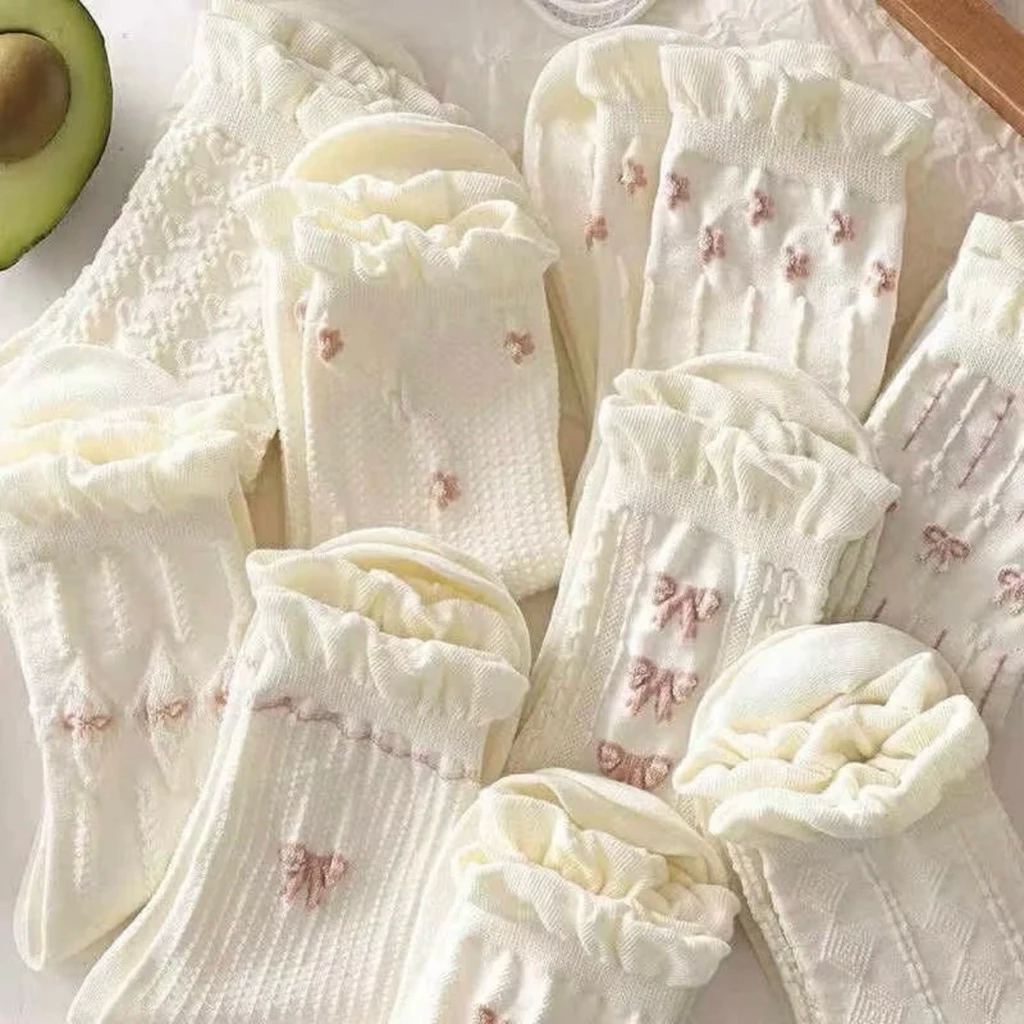 Sét 10 đôi Tất Vớ Nữ Trắng nơ hồng mini Cao Cổ Phong Cách Lolita Nữ Tính