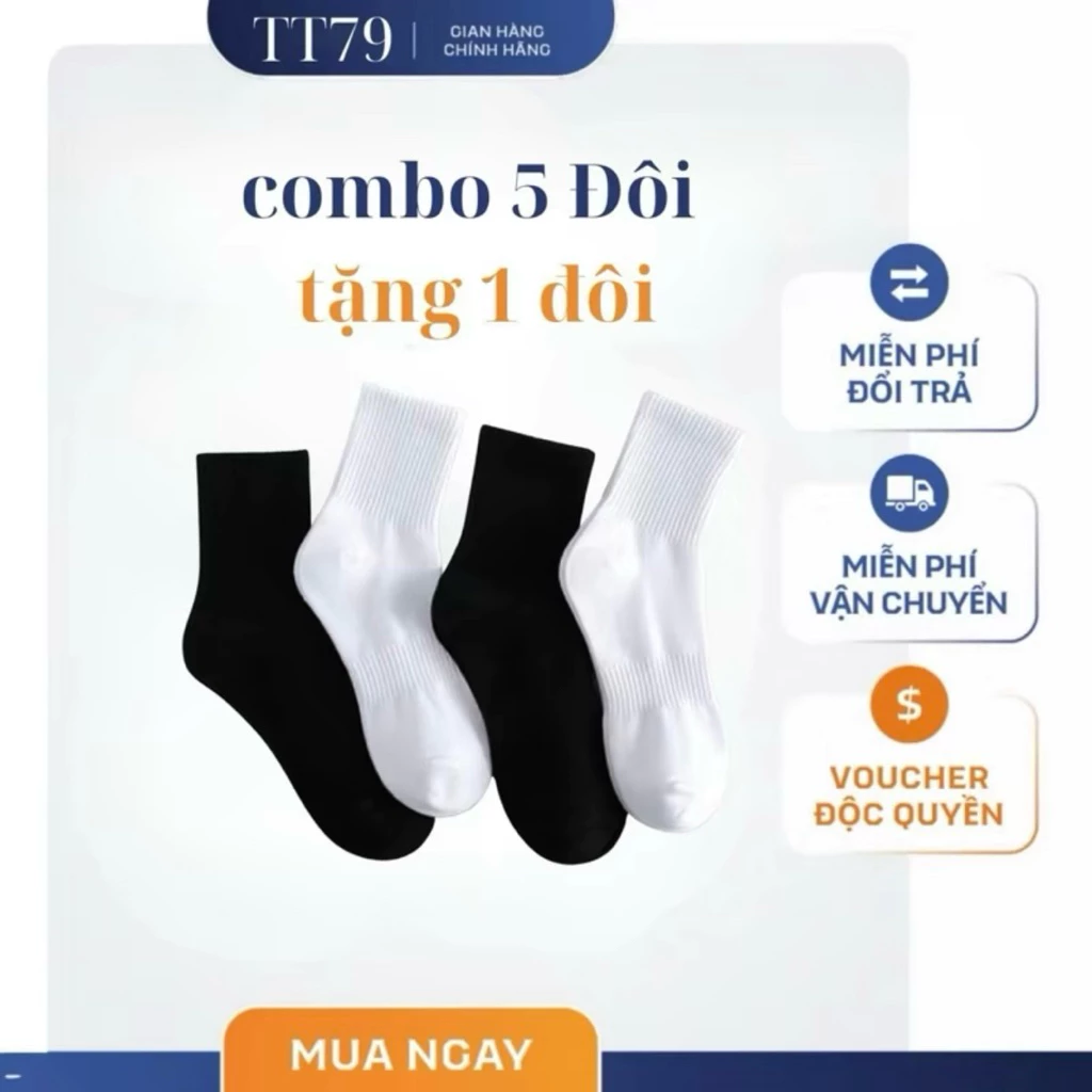 (Mua 5 Tặng 1) Tất Vớ Dệt Kim Cao Cổ Có Lưới Thoáng Khí Màu Đen Trắng Cotton Nam Nữ Unisex Dày Dặn Êm Ái