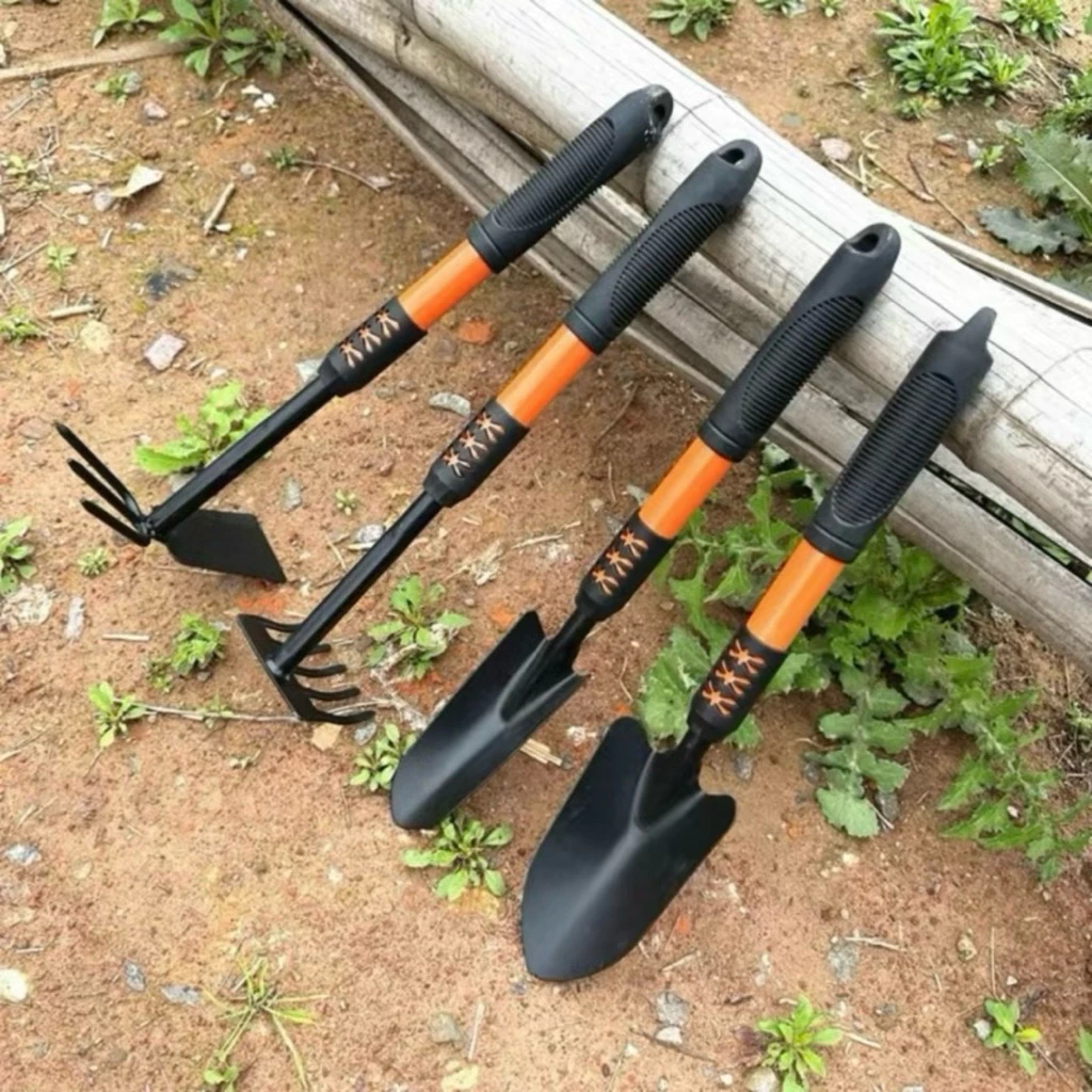 Bộ 4 món dụng cụ làm vườn tay cầm bọc cao su chắc chắn, siêu tiện dụng gồm cuốc, xẻng, cào đất- rất là sắc bén -TT79