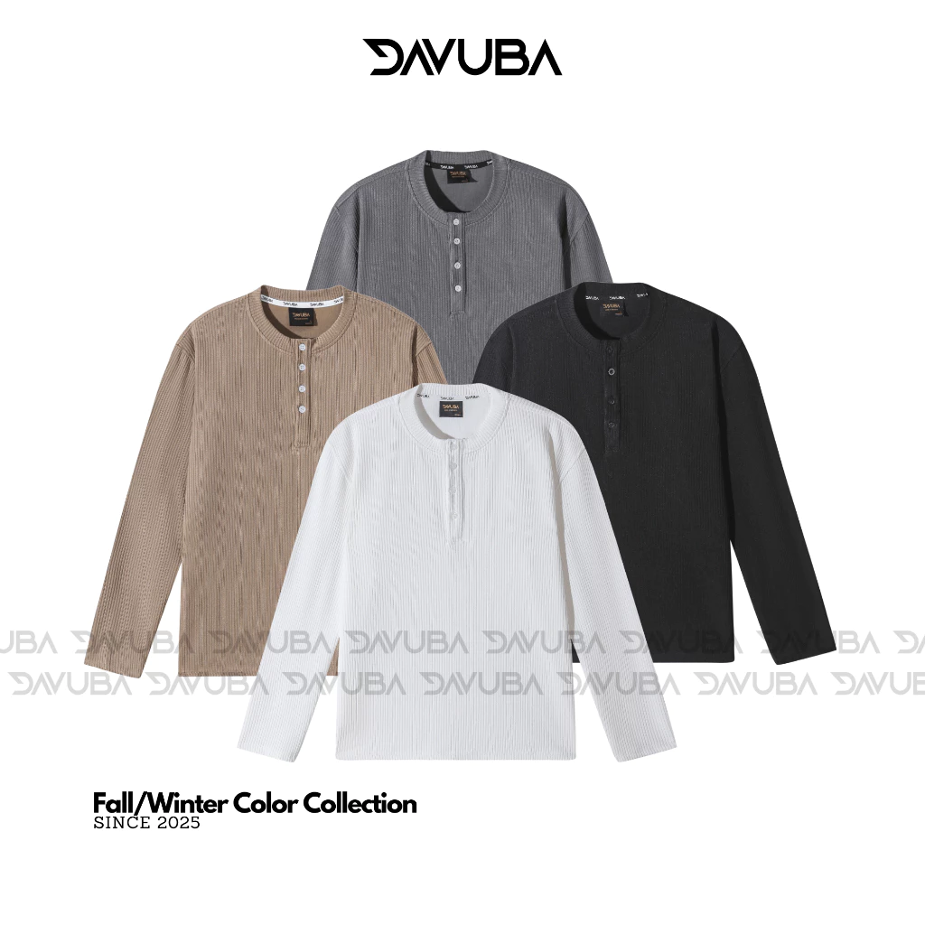 DAVUBA I Áo Thun Dài Tay Gân Tăm 4 Cúc Cổ Tròn Co Giãn 4 Chiều SM165