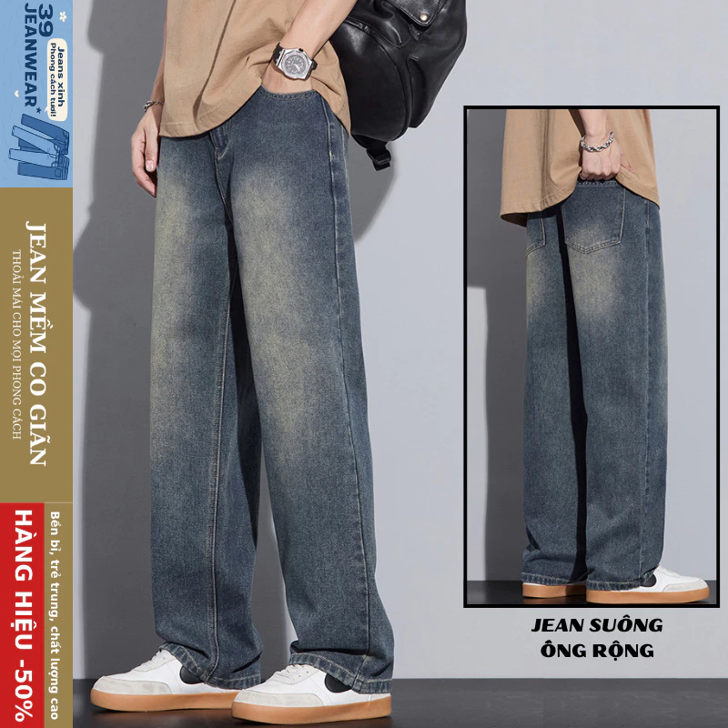 Quần Jean Dài Nam Ống Suông Rộng Màu Wash Vàng Chất Denim Cotton Cao Cấp Phong Cách Vintage LODES