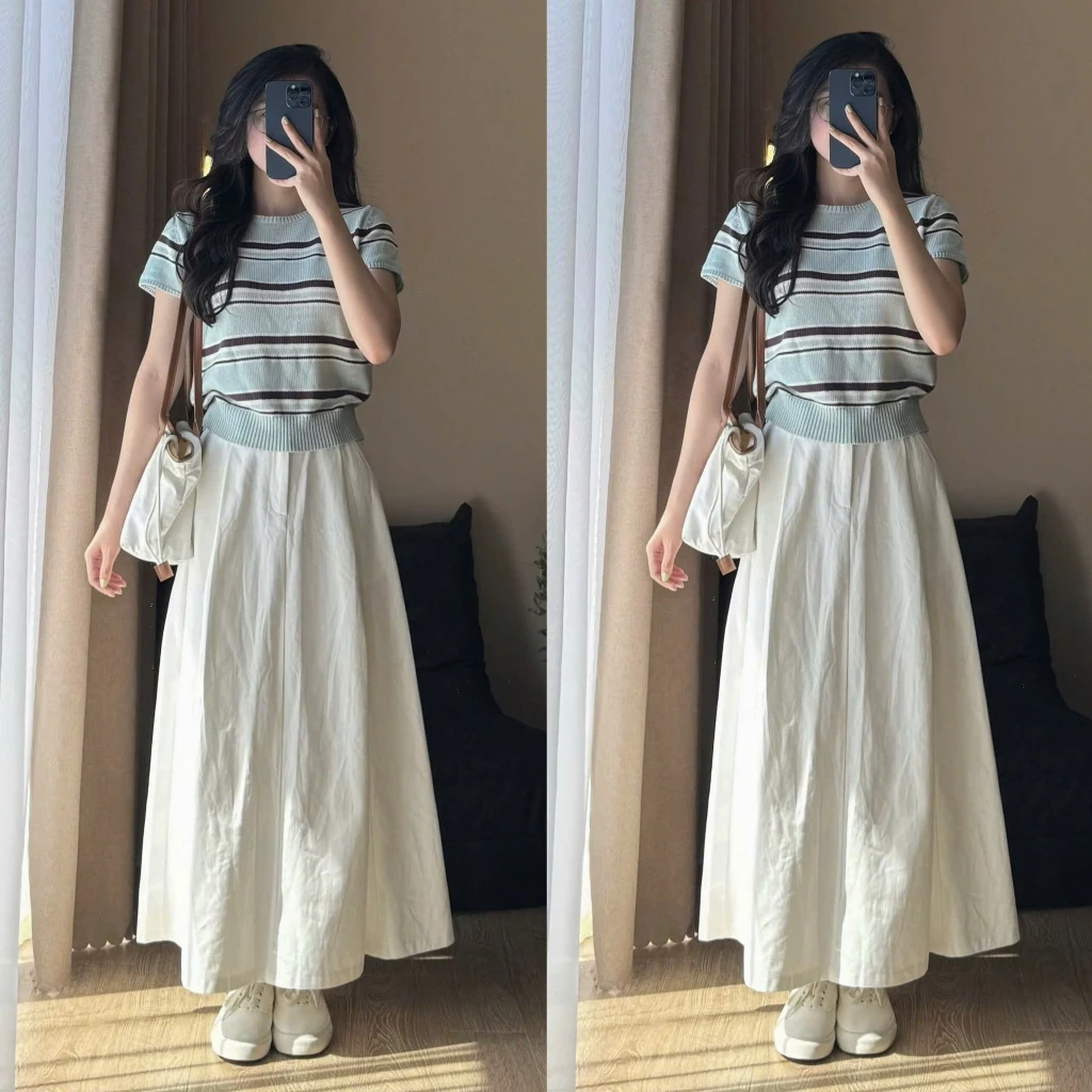 Chân váy kaki thô basic dáng dài xếp ly chun lưng co giãn vintage Renee Store - V172