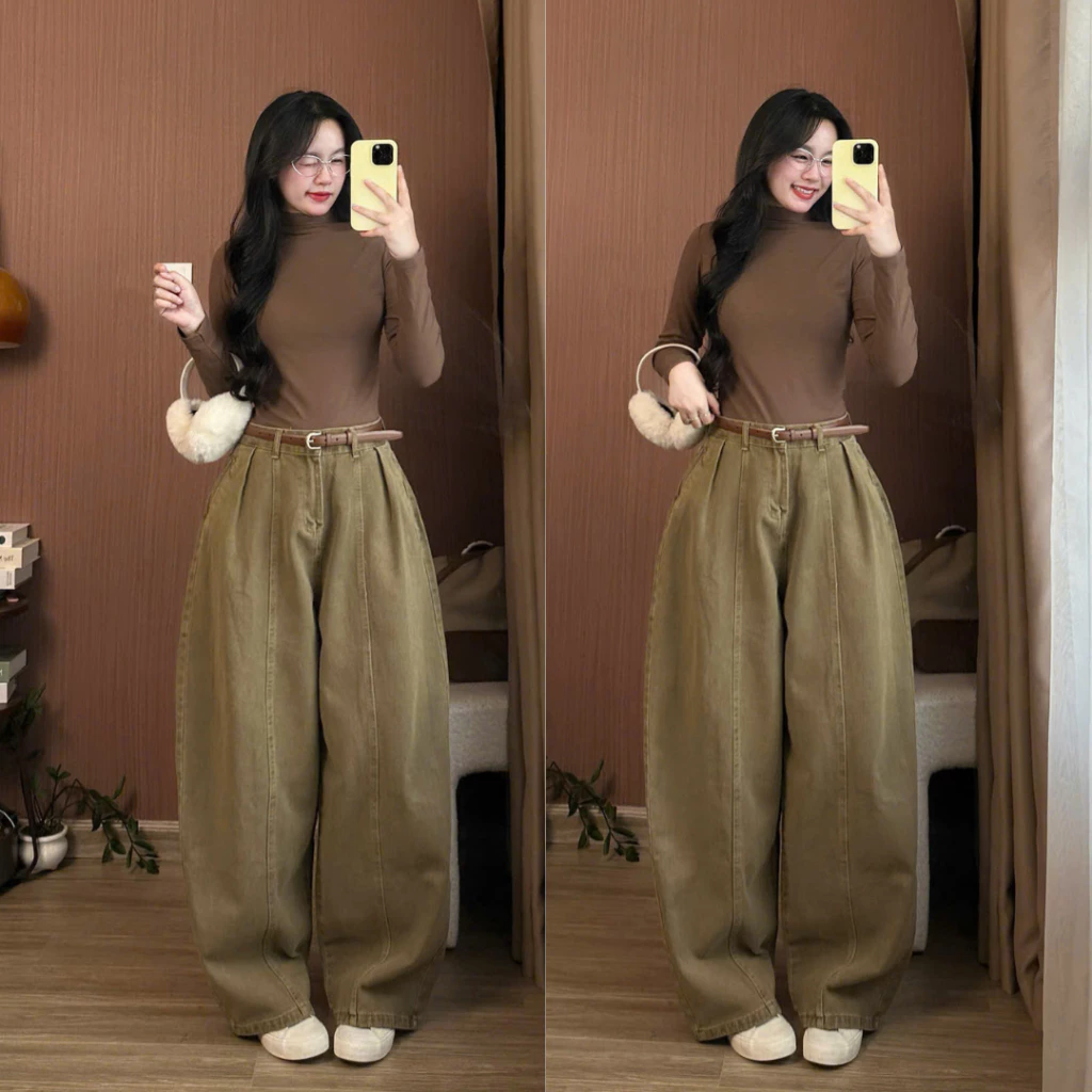 Quần Jeans Nâu Ống Cong Dang Rộng Phối Line Quần Jean Curved Leg Brown Line Tôn Dáng Siêu Đẹp Cho Nữ