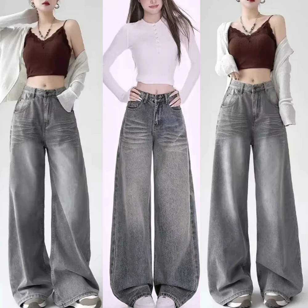 Quần Jeans Suông Màu Xám Wash Nữ, Quần Bò Ống Rộng Cạo Cao Phong Cách Basic Phù Hợp Mọi Style