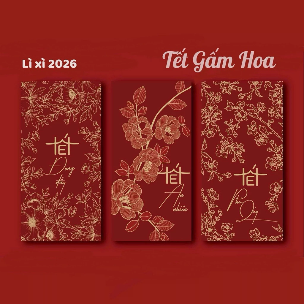 [HOẢ TỐC] Combo 24 Bao Lì Xì Gấm Hoa Đỏ Phú Quý Sum Vầy– Phiên Bản Độc Quyền Tết Bính Ngọ 2026 | Sang Trọng cao cấp