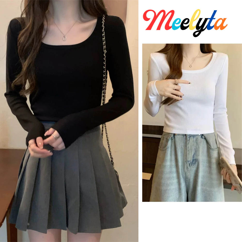 Áo dài tay nữ croptop cổ vuông – Áo thun trắng ôm body, chất cotton co giãn