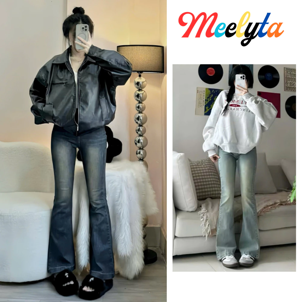 Quần jeans nữ ống loe co giãn MELYTA lưng cao màu RETRO CẠP CAO cao cấp, quần bò jean nữ ống loe đứng rộng