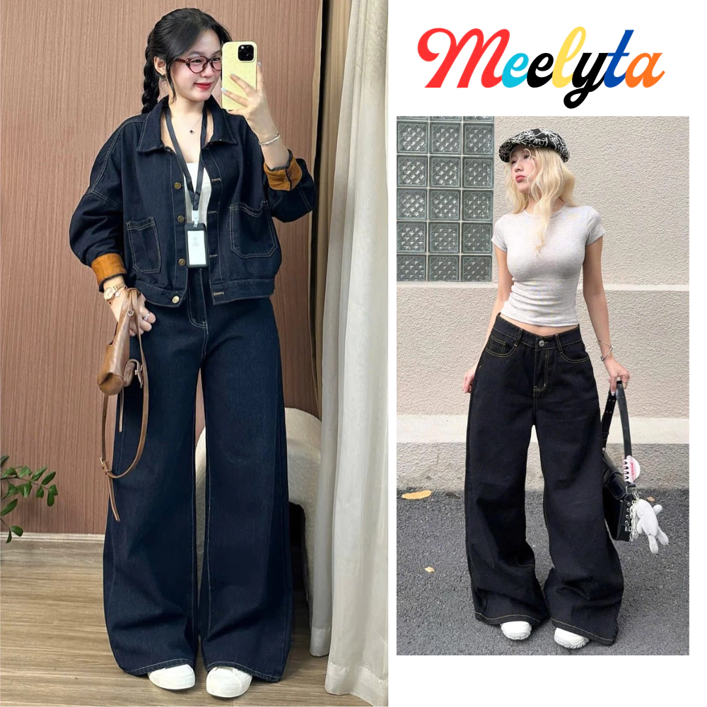 Quần jean Ống Suông Màu Xanh Than Chỉ Nổi MELYTA Lưng Cao tôn dáng, Quần jeans ống rộng eo cao ống rộng 28cm