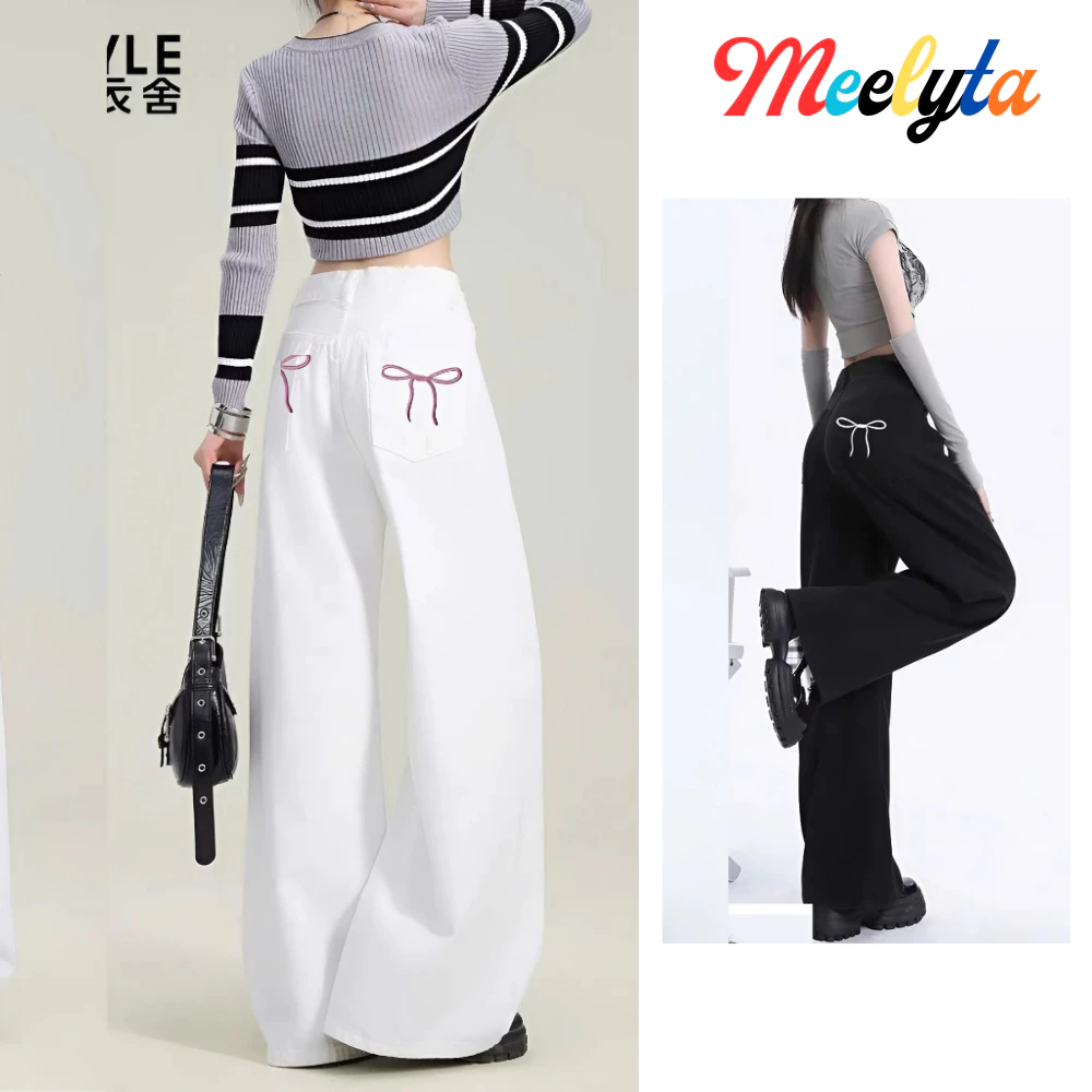 Quần Jean Kaki nữ Lưng cao Ống Suông Đứng Rộng Màu TRẮNG THÊU NƠ Túi Sau, Quần bò nữ cạp cao ống rộng Miaa Hottrend 2024