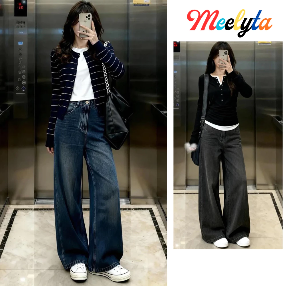 Quần Jeans Nữ Ống Rộng Cạp Cao MELYTA Form Đẹp Tôn Dáng Chất Jean Cao Cấp Phong Cách Unisex