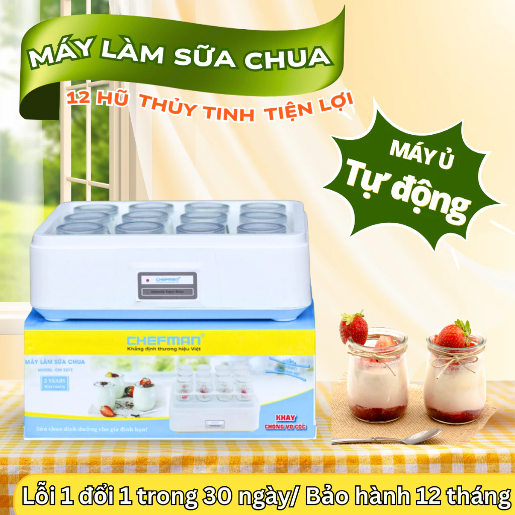 Máy làm sữa chua Chefman CM-321ủ tự động tặng kèm 12 cốc thủy tinh cao cấp bảo hành 24 tháng