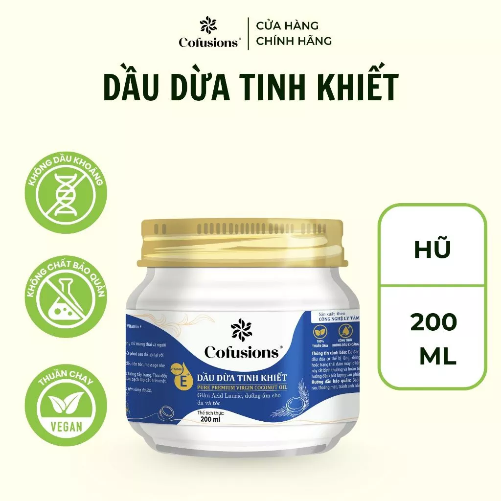 [NHÃN MỚI CFS] Dầu dừa tinh khiết mỹ phẩm Cofusions - Keo thủy tinh 200ml - Coconut Oil