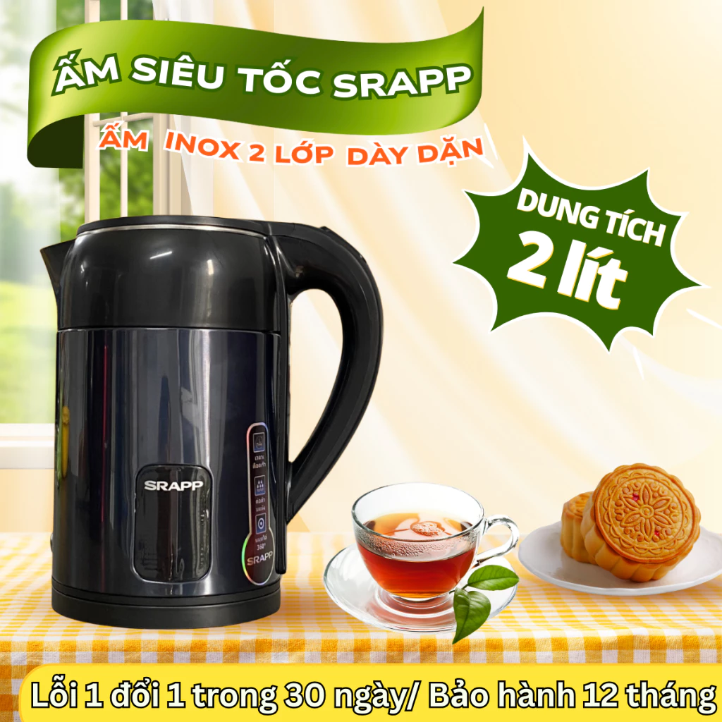 Ấm siêu tốc SRAPP dung tích 2L, ấm đun nước inox cách nhiệt 2 lớp an toàn sức khỏe BH 12 tháng