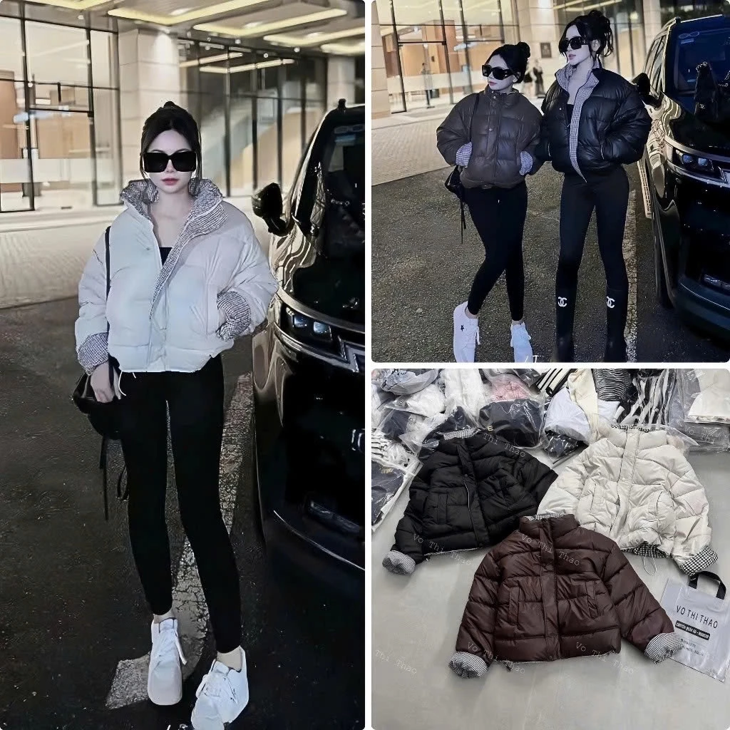 Áo phao da nữ form croptop phối dạ kẻ sọc, áo phao béo cổ cao Tino cúc bấm chất liệu da PU mềm mịn dày dặn ấm áp