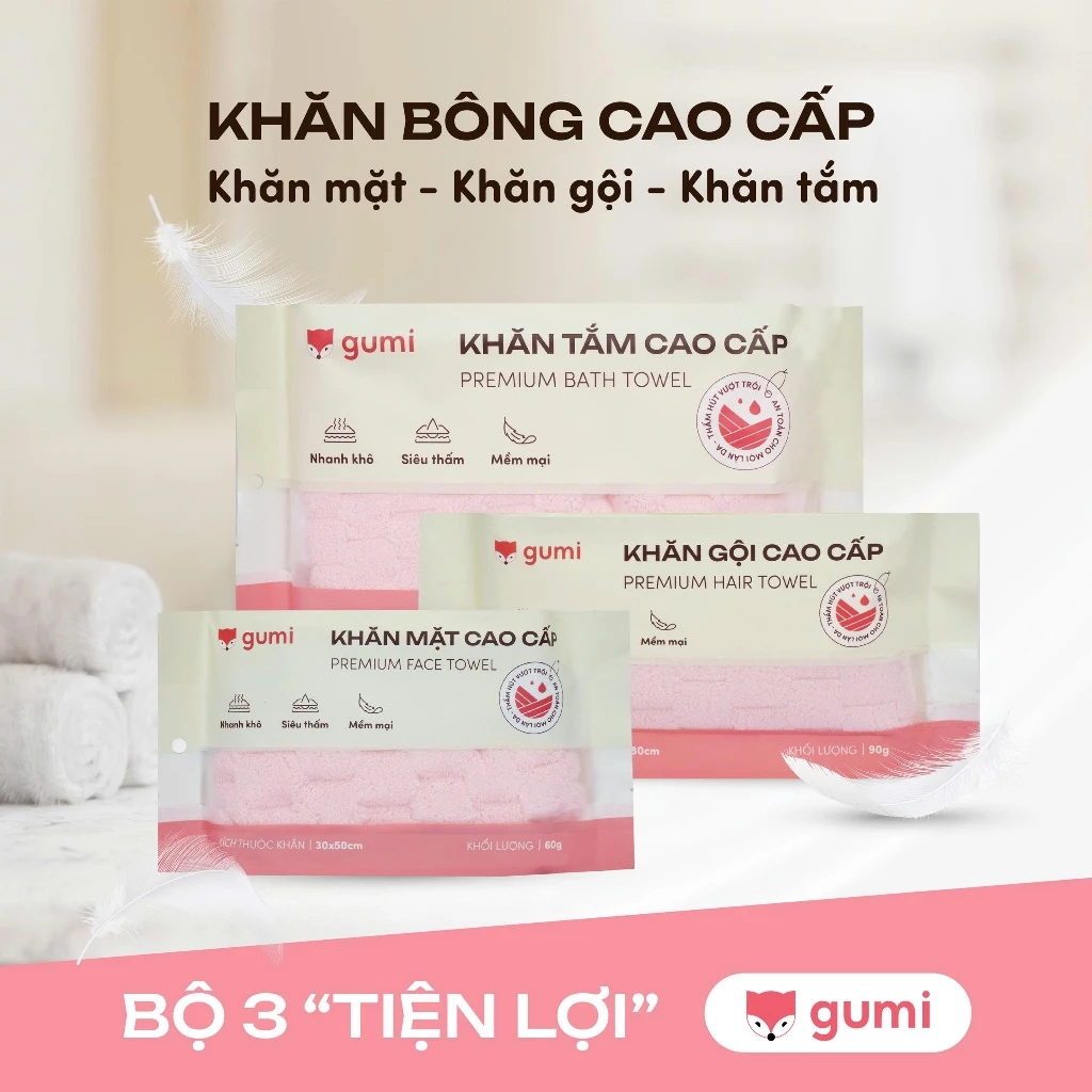 Khăn bông cao cấp Gumi “Tiện Lợi”: khăn mặt – khăn gội – khăn tắm, chất liệu mềm mịn, siêu thấm và không rụng lông.