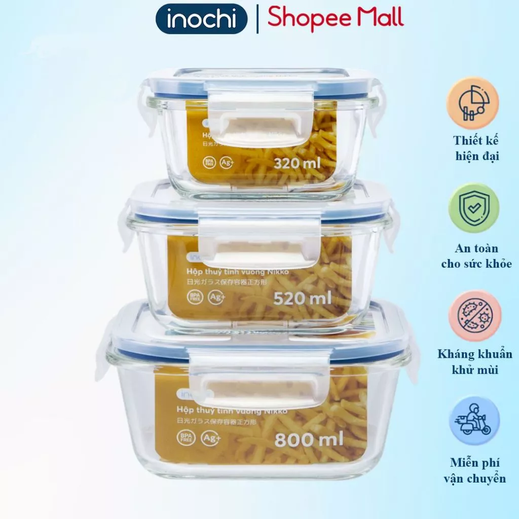 Hộp thuỷ tinh vuông 800 ml Inochi, chịu nhiệt, đựng thực phẩm, thức ăn văn phòng