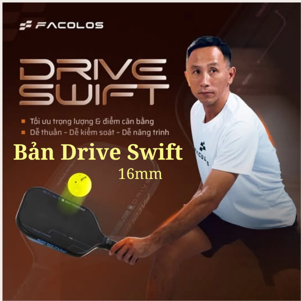 Vợt Facolos chính hãng Drive Swift 16mm mặt vợt pickleball với công nghệ 3 lớp carbon tăng độ nhám.