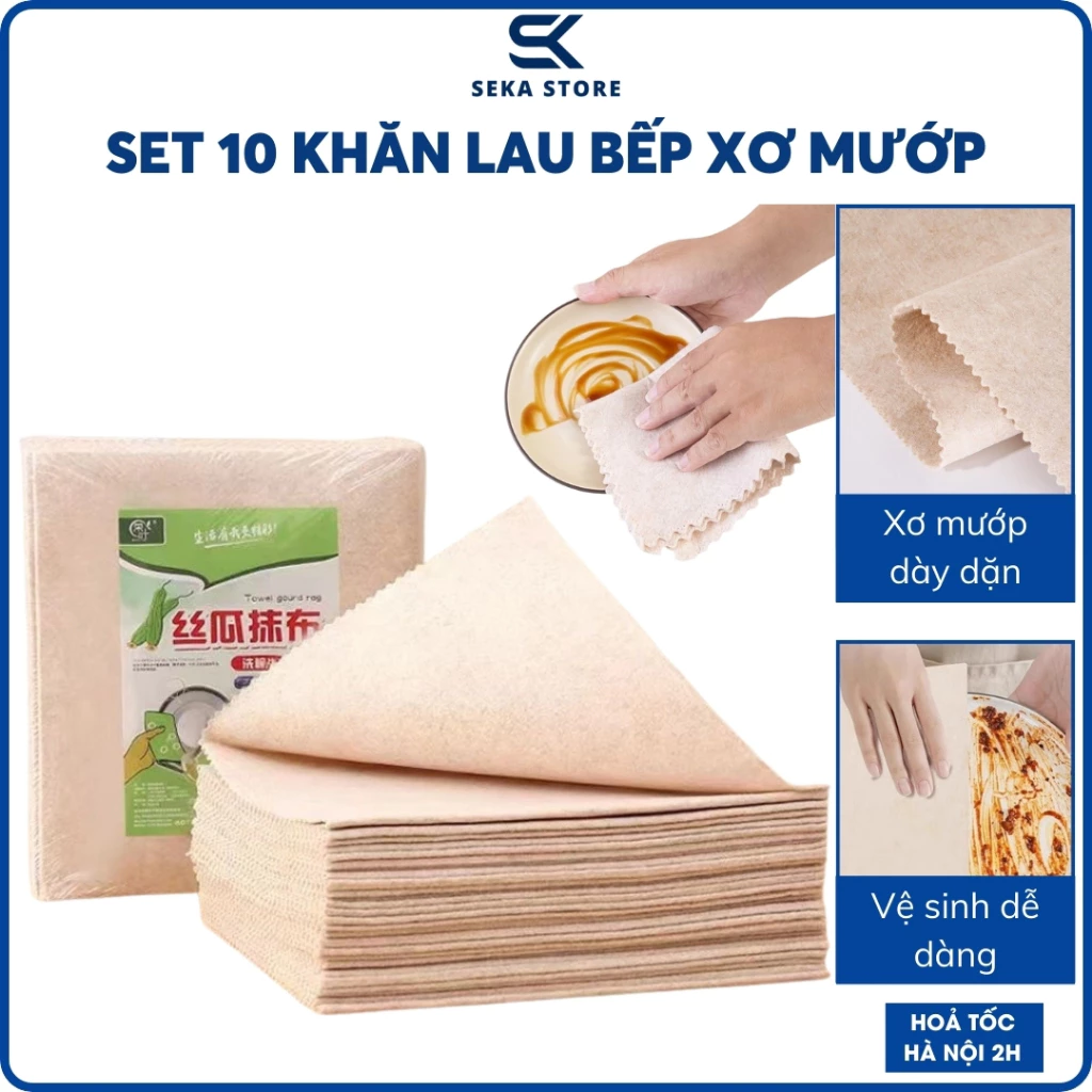 Set 10 Khăn Lau Xơ Mướp Sợi Tự Nhiên Thấm Hút Tốt, Khăn Lau Chén Dĩa Chống Dầu Mỡ, Tái Sử Dụng