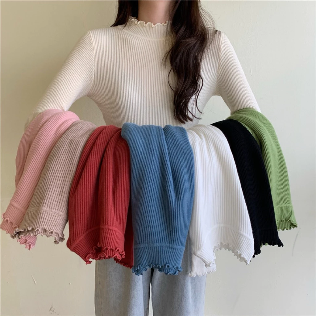 (Hàng QC L1) Áo giữ nhiệt, áo len tăm phối cổ viền bèo ôm body co giãn tốt, Áo len tăm cổ 3 phân hàng QCCC