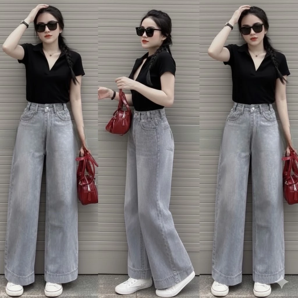 Quần Jean Xám bạc ống rộng gập gấu 4cm Cạp Cao Siêu Tôn Dáng, Quần bò ống rộng đủ size