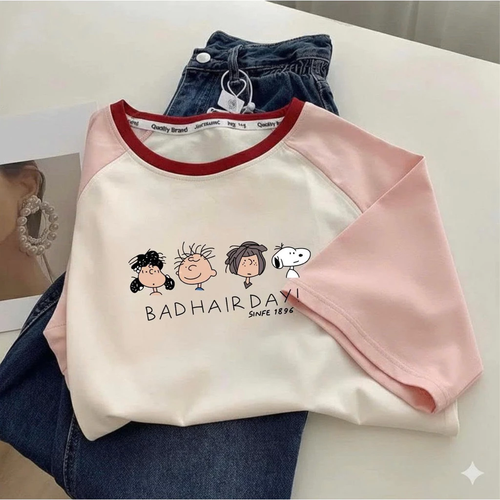 Áo ngắn tay nữ phối màu Hồng ngọt ngào ALICEVN, Áo thun, Áo phông in hình, dáng rộng, chất thun cotton mịn đẹp, chất mát