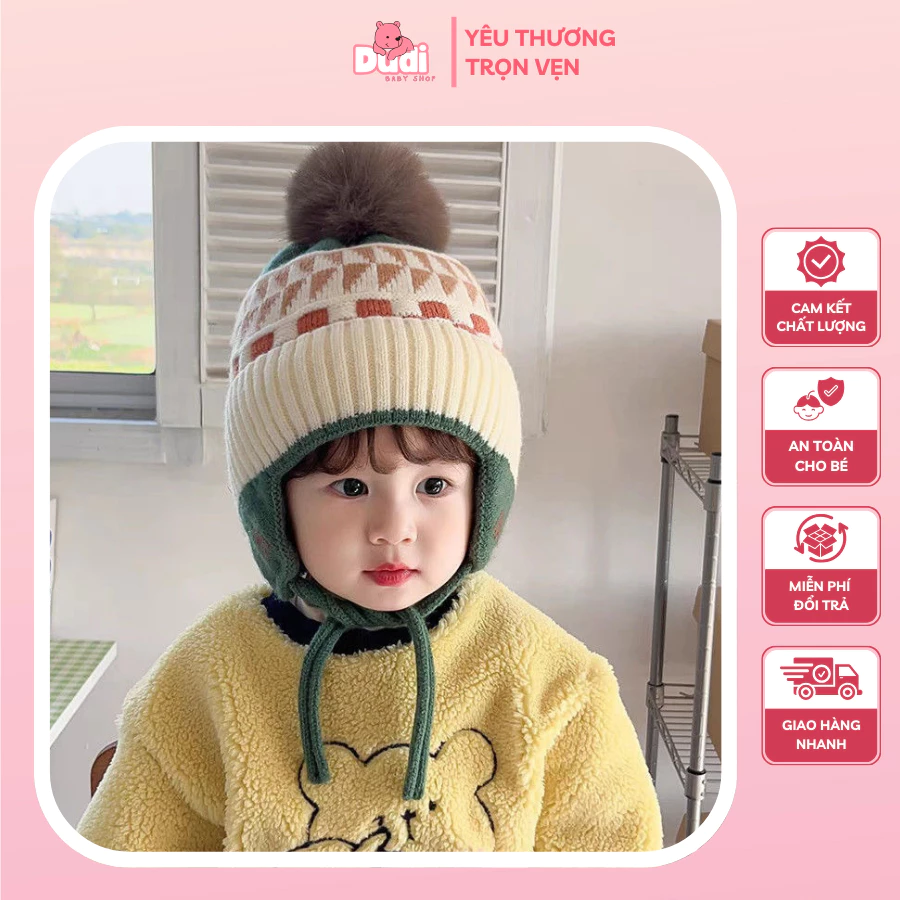 [1-4 Tuổi] Mũ trẻ em kiểu dáng pom-pom thời trang, mũ len bảo vệ tai, mũ len dày ấm áp mùa đông cho bé trai bé gái - M24