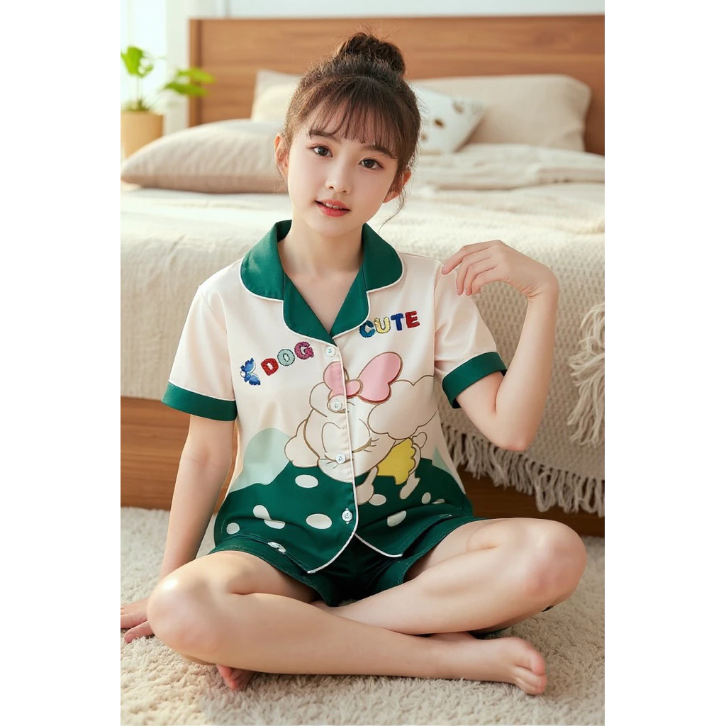 Bộ pijama bé gái vải latin họa tiết chó poodle dễ thương | Đồ ngủ bé gái mềm mát, chất cao cấp, mặc ở nhà 10-60kg