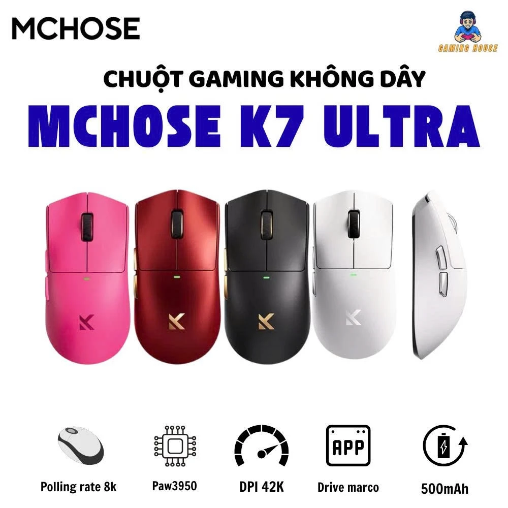 Chuột không dây MCHOSE K7 Ultra và K7 Utral S - 3 mode - Paw3950 - DPD 42000 - Polling rate 8k - 750 IPS  - APP