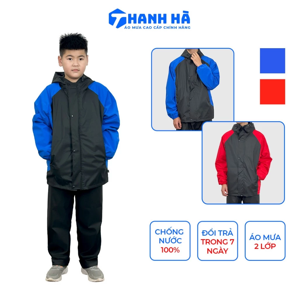 Bộ quần áo mưa trẻ em, 2 lớp cao cấp, chống thấm nước, chắn gió, Áo Mưa Thanh Hà