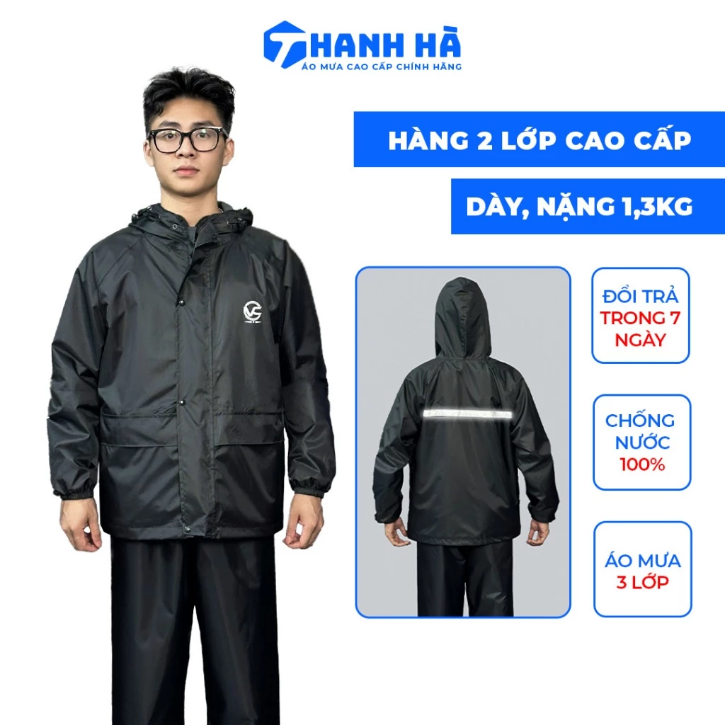 [LOẠI DÀY] Bộ quần áo mưa 2 lớp dày dặn nặng 1,3kg, có phản quang, chống thấm nước, kiêm chắn gió, Áo Mưa Thanh Hà