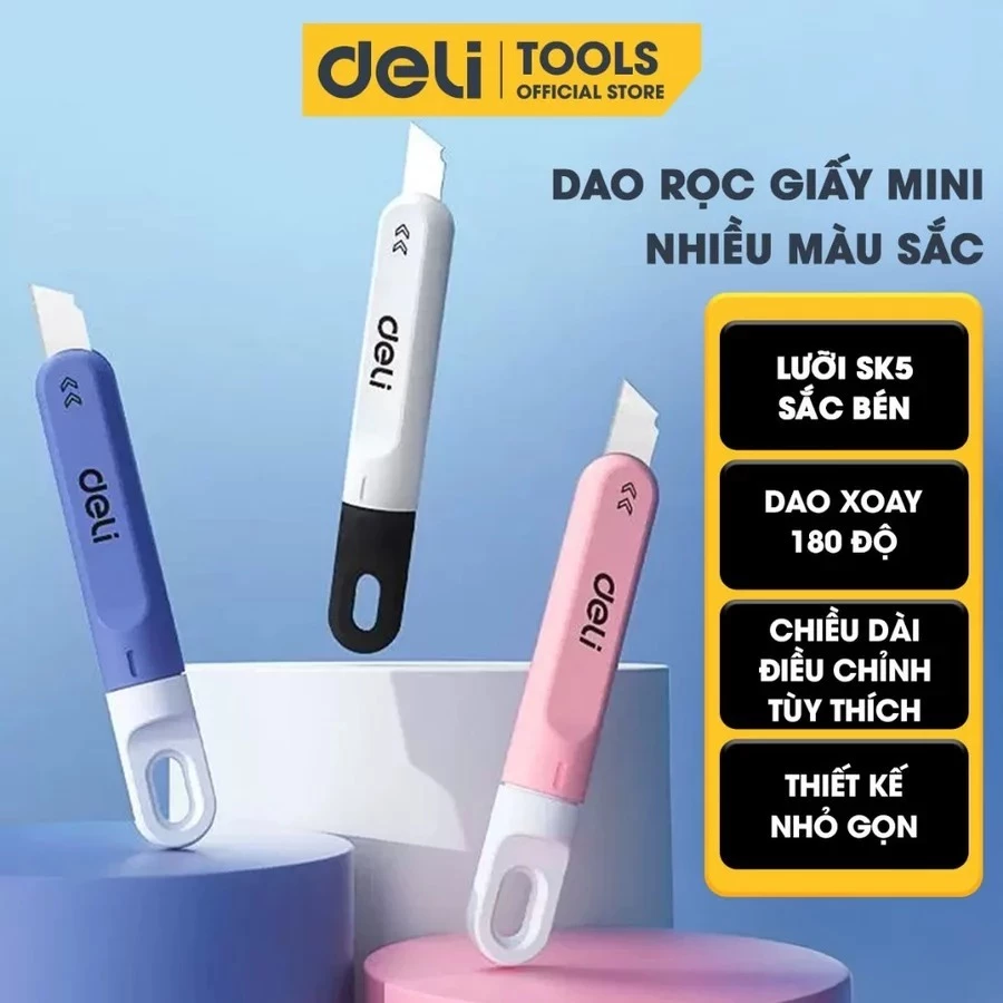 Dao rọc giấy mini DELI lưỡi sắc bén không gỉ, thiết kế nhỏ gọn nhiều mắc sắc - an toàn sử dụng cho học sinh, văn phòng