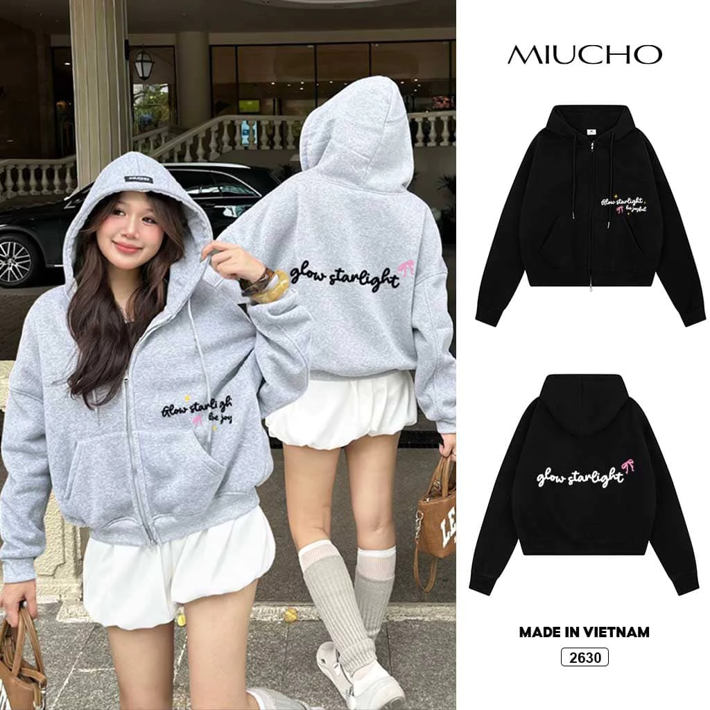 Áo Khoác Hoodie Zip Boxy MIUCHO Nỉ 2 Da Cao Cấp Dày Dặn Mềm Mại Thoáng Mát In Chữ Basic 2630