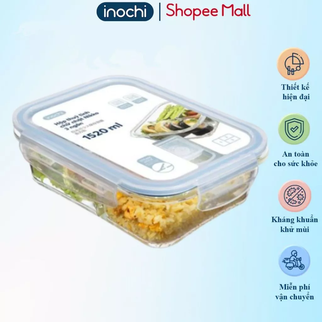 Hộp thủy tinh chữ nhật 3 ngăn 1520 ml, đựng thức ăn văn phòng, thực phẩm, sử dụng được lò vi sóng