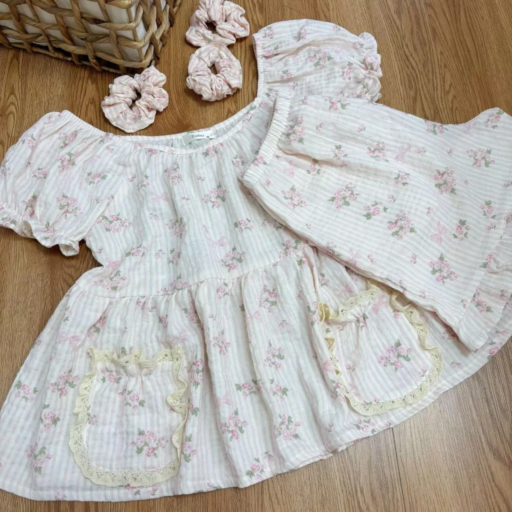 Bộ đồ ngủ xô Muslin tay bồng quần đùi cho nữ, set đồ mặc ở nhà chất liệu cao cấp mềm mịn thoáng mát, hoạ tiết dễ thương