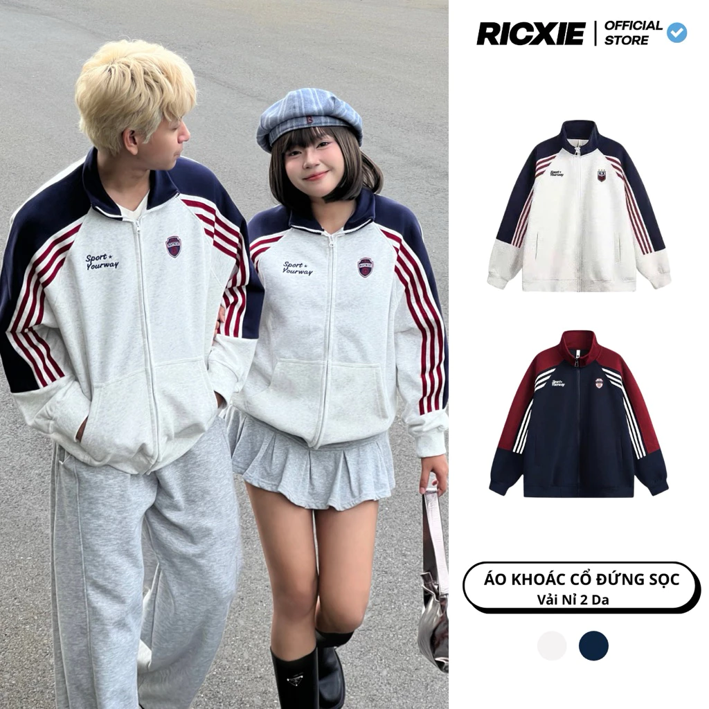 Áo Khoác Ricxie Zip Thể Thao Vải Nỉ 2 Da Cổ Cao Kẻ Sọc Streetwear