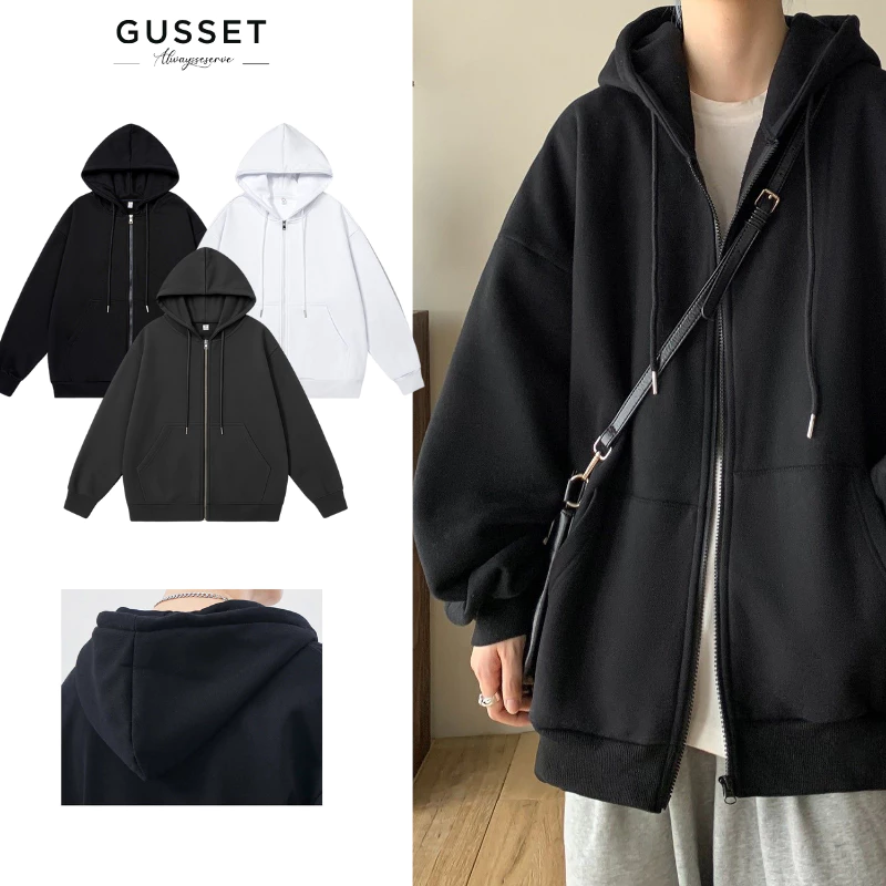 Áo hoodie, Áo hoodie nam sweater zip kéo khóa mũ 2 lớp chất nỉ bông dày dặn định lượng 380gsm dáng oversize GUSSET NI05