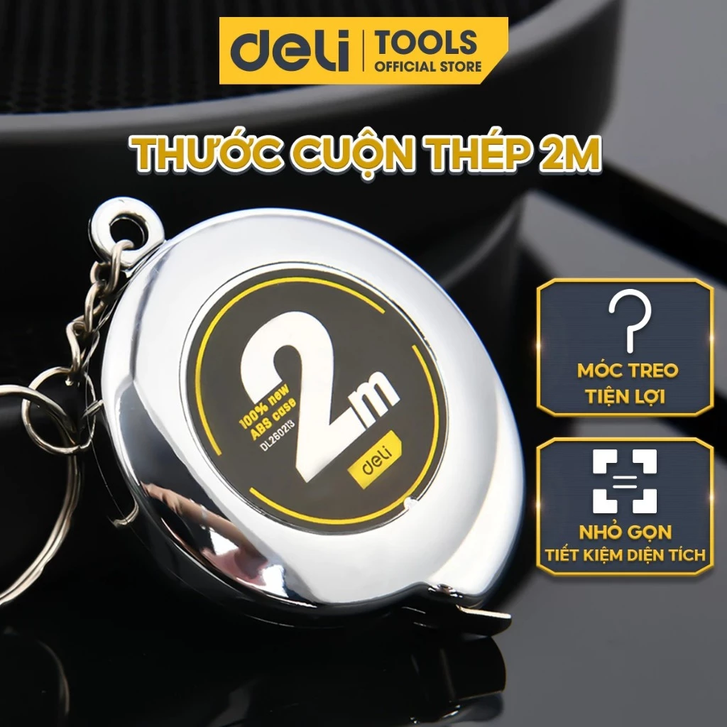 Thước cuộn thép 2m Deli độ chính xác cao, thước kép dạng móc khóa có đầu treo tiện lợi nhỏ gọn bỏ túi